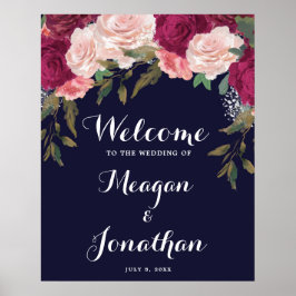 Póster signo de bienvenida de boda floral de rosas de la