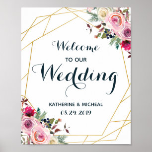 Póster Signo de bienvenida de Boda floral de Rubor
