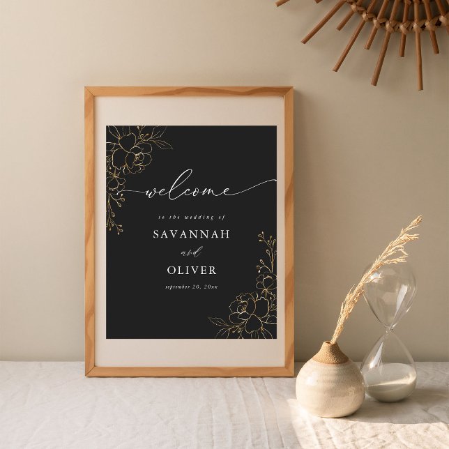 Póster Signo de bienvenida de Boda floral dorado - negro (Subido por el creador)