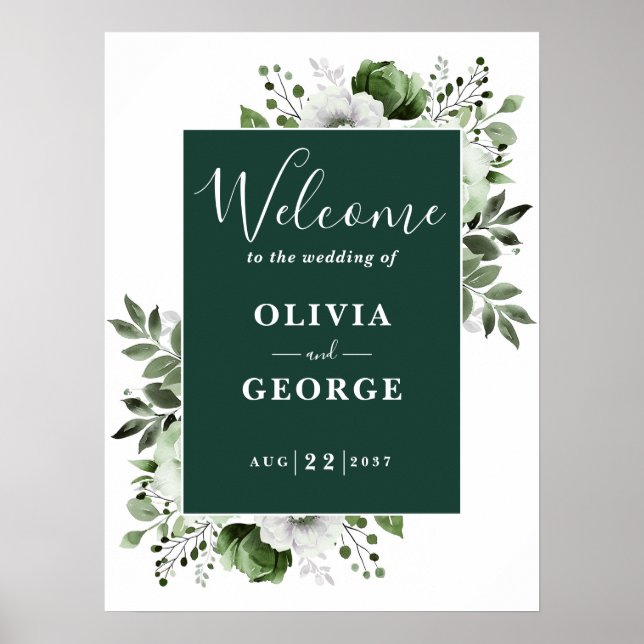Póster Signo de bienvenida de Boda floral elegante verde  (Frente)