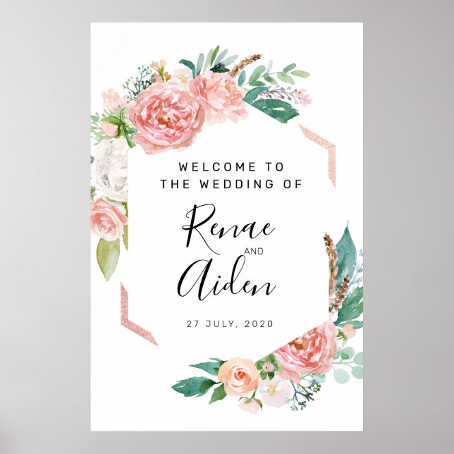 Póster Signo de bienvenida de Boda floral geométrico, flo (Frente)