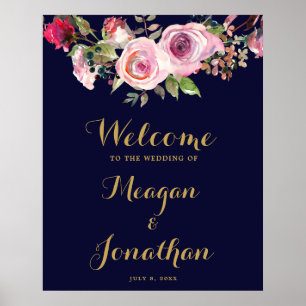 Póster signo de bienvenida de boda floral morado marino
