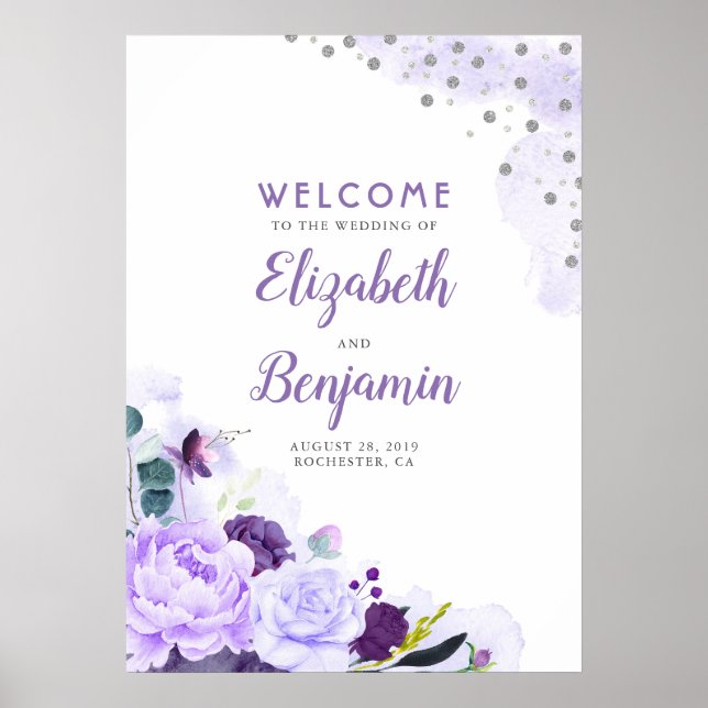 Póster Signo de bienvenida de Boda floral morado y platea (Frente)