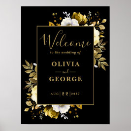 Póster Signo de bienvenida de Boda floral negro y dorado