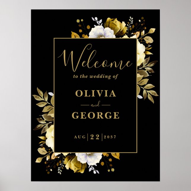 Póster Signo de bienvenida de Boda floral negro y dorado (Frente)