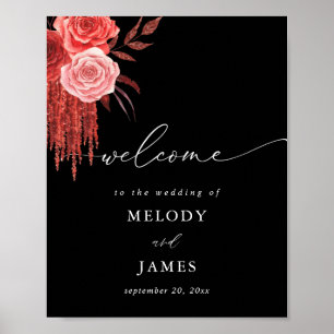 Póster Signo de bienvenida de Boda floral rojo - negro