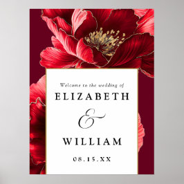 Póster Signo de bienvenida de Boda floral rojo y dorado d