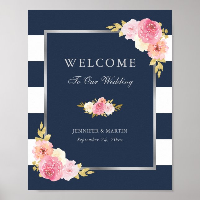 Póster Signo de bienvenida de Boda floral rosa azul marin (Frente)