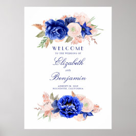 Póster Signo de bienvenida de Boda floral rosa y naval
