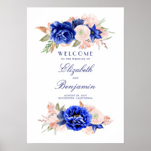 Póster Signo de bienvenida de Boda floral rosa y naval