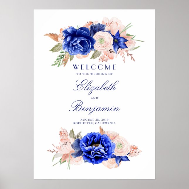 Póster Signo de bienvenida de Boda floral rosa y naval (Frente)