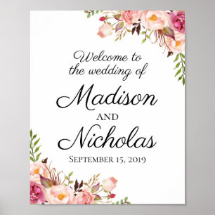 Póster Signo de bienvenida de Boda floral rosado ruso Pos