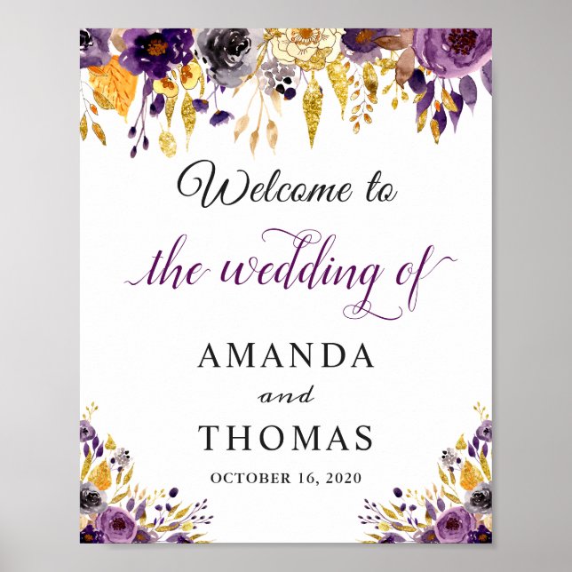 Póster Signo de bienvenida de Boda floral Rusple Purple G (Frente)