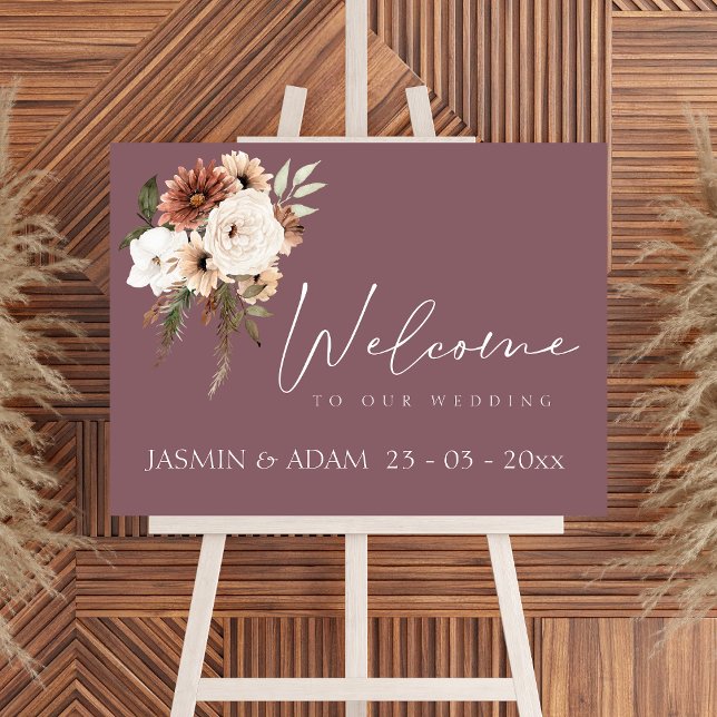 Póster Signo de bienvenida de Boda floral Rusple Purple P (Rustic Purple Peach Floral Wedding Welcome Sign)