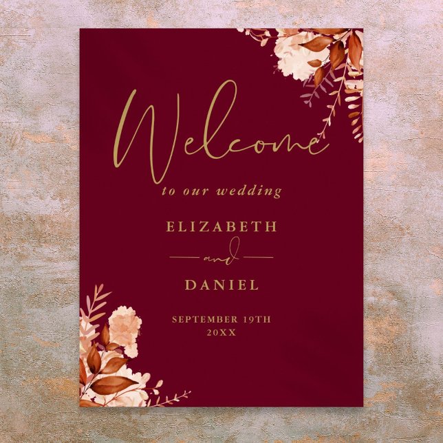 Póster Signo de bienvenida de Boda floral rústico de oro  (Burgundy Gold Rustic Floral Wedding Welcome Sign)