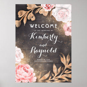 Póster Signo de bienvenida de Boda floral rústico Purpuri