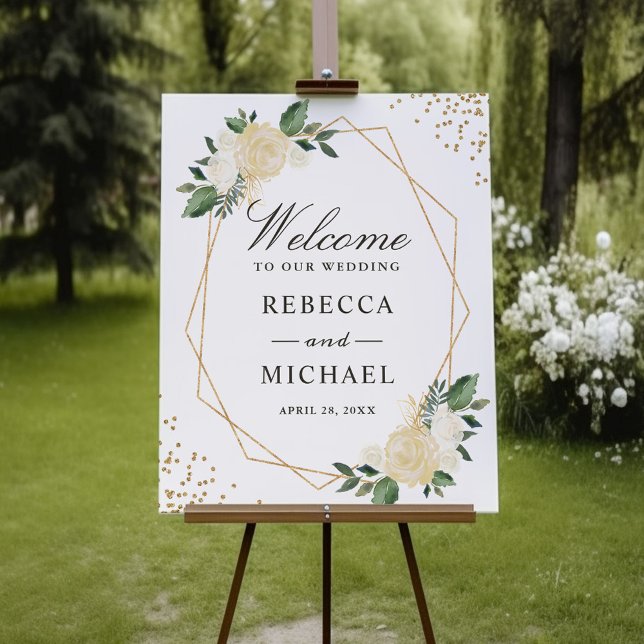 Póster Signo de bienvenida de Boda floral verde Purpurina (Subido por el creador)