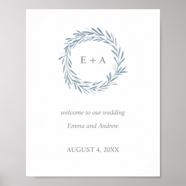 Póster Signo de bienvenida de boda - Guirnalda azul monog (Frente)