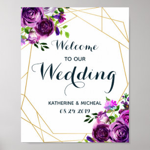Póster Signo de bienvenida de Boda morado floral