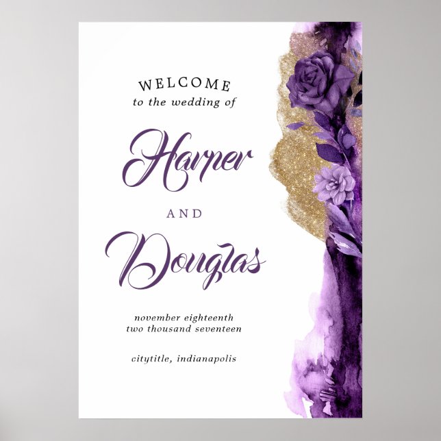 Póster Signo de bienvenida de Boda morado y dorado (Frente)