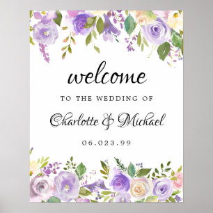 Póster Signo de bienvenida de Boda morado y floral de mar