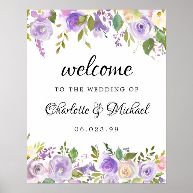 Póster Signo de bienvenida de Boda morado y floral de mar (Frente)