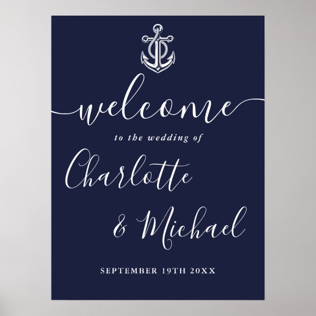 Póster Signo de bienvenida de Boda Nautical Anchor azul d (Frente)