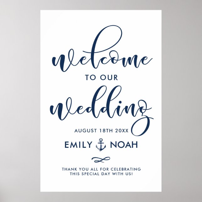 Póster Signo de bienvenida de Boda náutico con guión azul (Frente)
