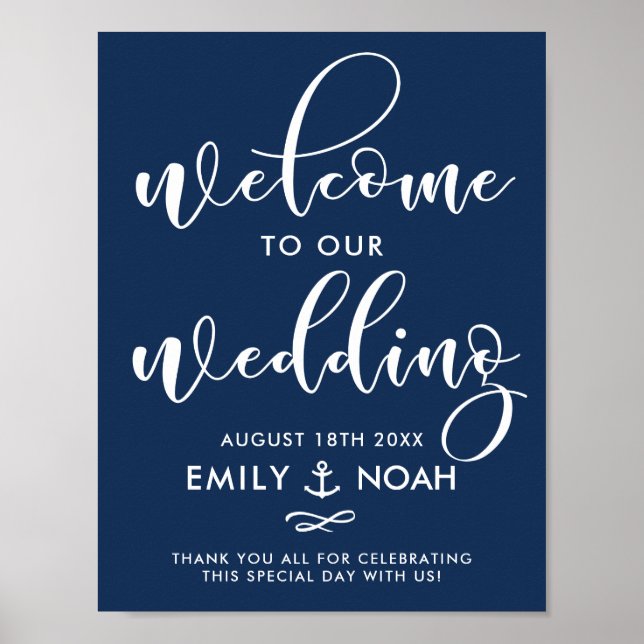 Póster Signo de bienvenida de Boda náutico con guión azul (Frente)