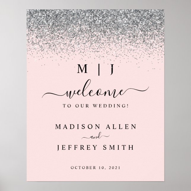 Póster Signo de bienvenida de Boda Purpurina rosa y plate (Frente)