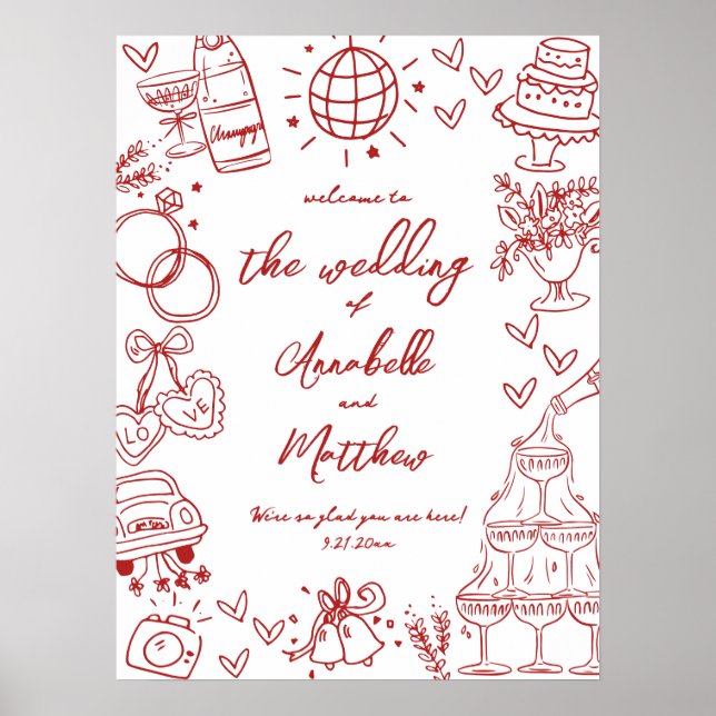 Póster Signo de bienvenida de Boda rojo quirky dibujado a (Frente)