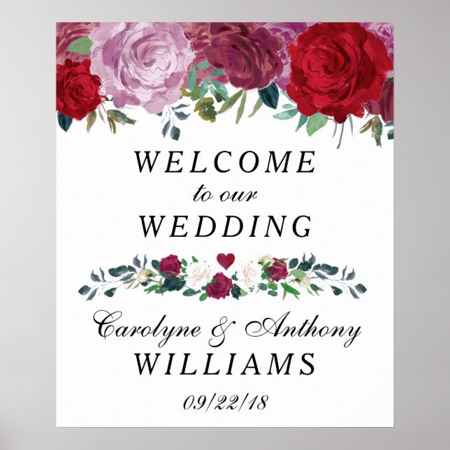 Póster Signo de bienvenida de Boda romántico floral (Frente)