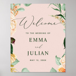 Póster Signo de bienvenida de Boda rosa de la vegetación 
