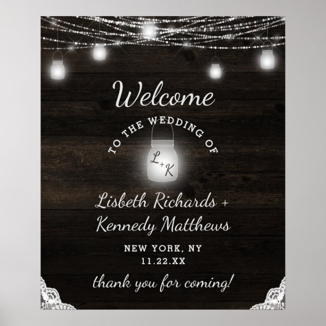 Póster Signo de bienvenida de Boda Rústico de madera y en (Frente)