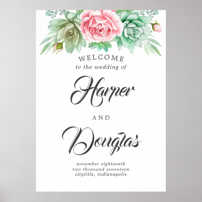 Póster Signo de bienvenida de Boda Succulent (Frente)