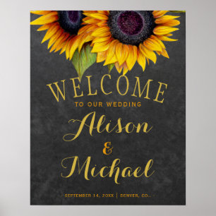 Póster Signo de bienvenida de boda Sunflowers rústico ele
