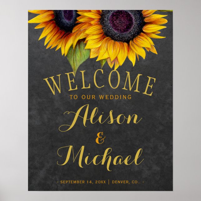 Póster Signo de bienvenida de boda Sunflowers rústico ele (Frente)