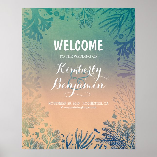 Póster Signo de bienvenida de Boda Verde azulado de playa (Frente)