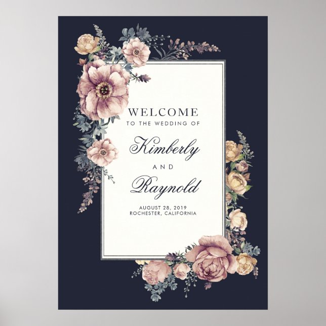 Póster Signo de bienvenida de bodas con flores de marina  (Frente)