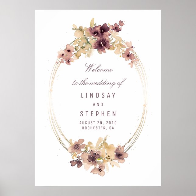 Póster Signo de bienvenida de bodas malvas y oro (Frente)
