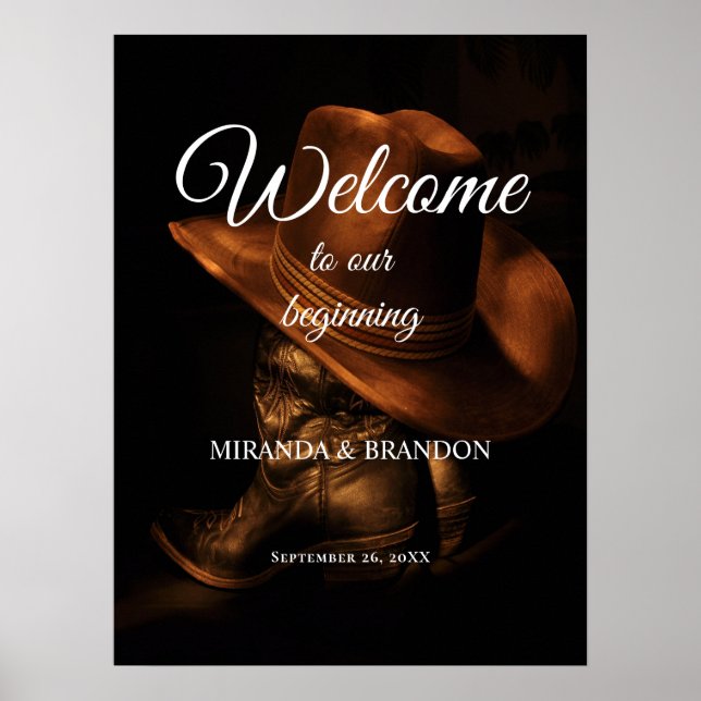 Póster Signo de bienvenida de bodas rústicas en bots de v (Frente)