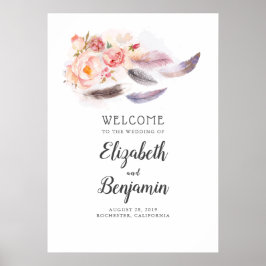 Póster Signo de bienvenida de Boho Floral Feathers Boda