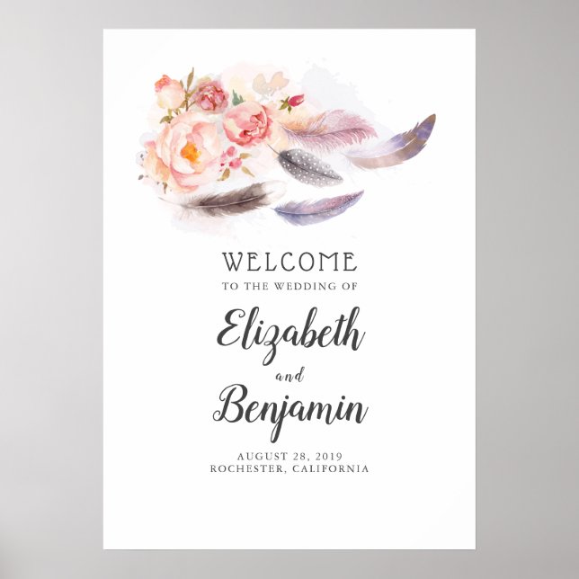 Póster Signo de bienvenida de Boho Floral Feathers Boda (Frente)