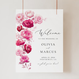 Póster Signo de bienvenida de Boho Magenta Boda floral ro