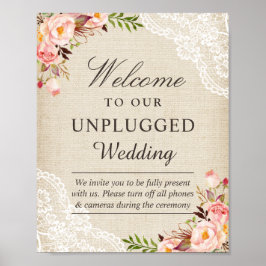 Póster Signo de bienvenida de Burlap Lace Floral Boda des