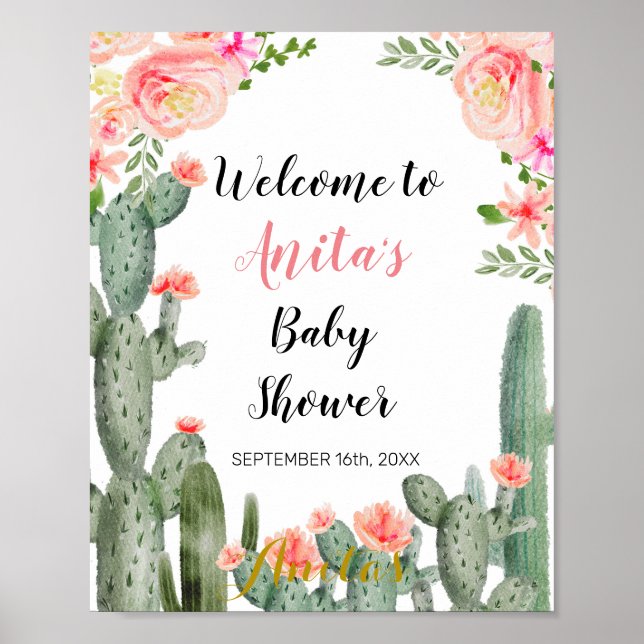 Póster Signo de bienvenida de Cactus Baby Shower (Frente)