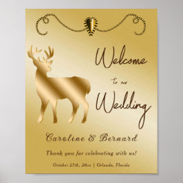 Póster Signo de bienvenida de ciervo Purpurina de oro y c
