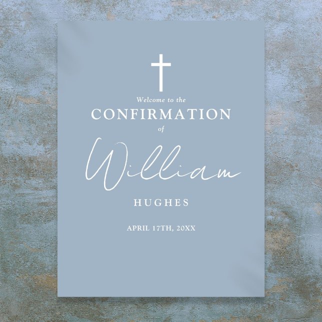 Póster Signo de bienvenida de confirmación de guión azul  (Dusty Blue Script Confirmation Welcome Sign)