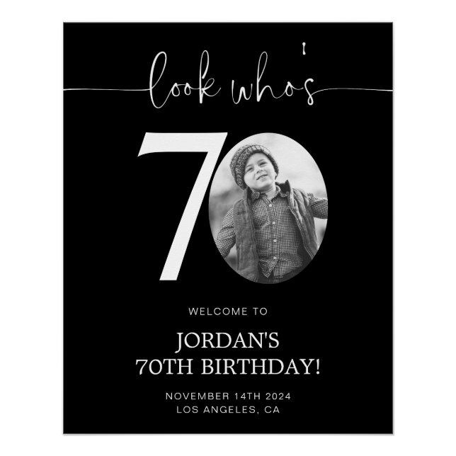 Póster Signo de bienvenida de cumpleaños 70 negro | Mira  (Anverso)