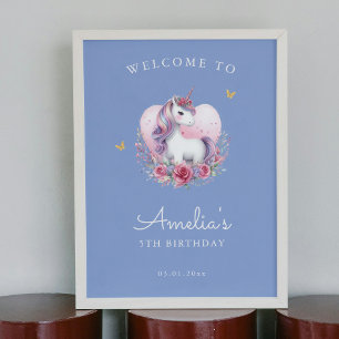 Póster Signo de bienvenida de cumpleaños azul de unicorni